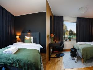 a hotel room with a bed and a window at Guestly Homes - 3BR Superior Apartment in Boden