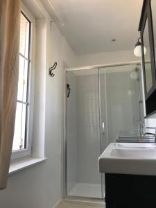 a bathroom with a shower and a sink at Chambre du Haras Cour Lozey in Sainte-Marguerite-des-Loges