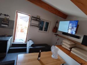 a living room with a couch and a table and a tv at Appartement Terrasse sur le port in La Seyne-sur-Mer