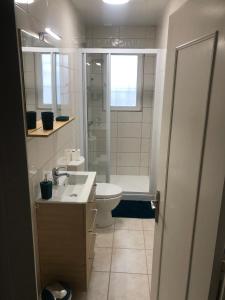 a bathroom with a toilet and a sink and a shower at Évadez vous à deux pas de l'océan ! Maison tout confort à seulement 6 min de la plage à vélo in Les Sables-dʼOlonne +7 photos