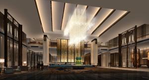 石獅的住宿－石獅明昇鉑爾曼酒店，装饰着吊灯的大堂的 ⁇ 染