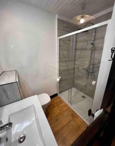 Gîte la petite maison في Soulan: حمام مع دش ومرحاض ومغسلة +14 صورة