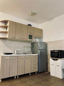 a kitchen with wooden cabinets and a stainless steel refrigerator at Vila Andja, Apartmani i Sobe in Krašići