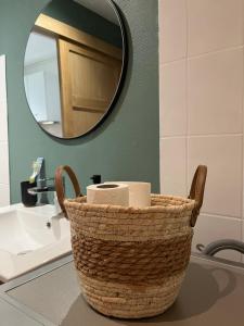 a basket sitting on a bathroom sink with a mirror at Studio le Cerisier in Troyes