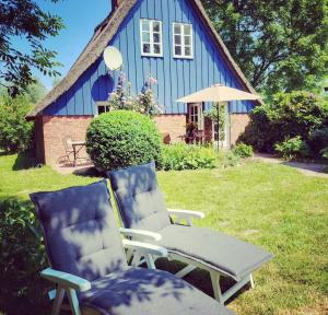 two chairs and an umbrella in front of a blue house at Die blaue Reetdachkate am Deich in Krummendeich +8 photos