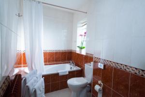 a bathroom with a toilet and a tub and a sink at Logis Le Commerce in Guichen