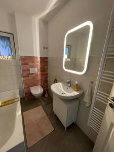 a bathroom with a sink and a mirror and a toilet at Ferienhaus Butjadingen - Haus Ruhwarden in Ruhwarden