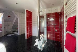 a red tiled bathroom with a shower and red tiles at Idyllisches Landhaus mit Garten nahe Stadtplatz in Weitra +14 photos