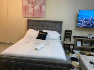 a bedroom with a large bed with a tv on the wall at Emerald in Ruaka