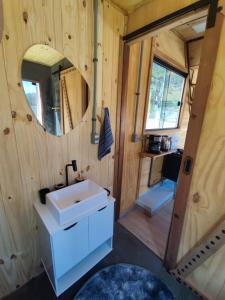 une salle de bain avec un lavabo et un miroir dans l'établissement Tiny House Just Breathe, à São Bento do Sapucaí