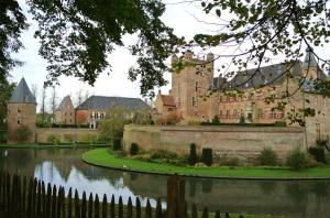 a large castle with a lake in front of it at Hotel Zonneheuvel in Beek