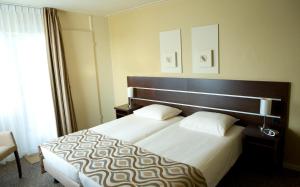 a hotel room with a large bed and a window at Hotel Zonneheuvel in Beek