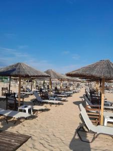 un gruppo di sedie e ombrelloni su una spiaggia di "Sea breeze and olives" apartment a Karianí Altre 37 foto