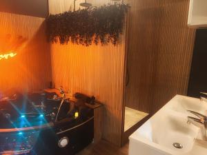 a bathroom with a shower and a motorcycle in it at Love Room Luxure 50 Nuances in Jonzac