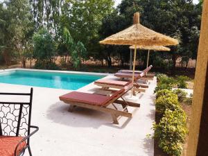 a group of lounge chairs and an umbrella next to a pool at Chez Stéphane in Fimela