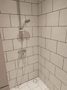 a white tiled shower with a shower head at Chez Stéphane in Fimela
