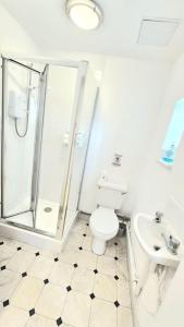 a bathroom with a shower and a toilet and a sink at Pool, drinks and a hot tub! in Northampton