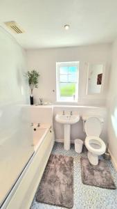 a bathroom with a toilet and a sink at Pool, drinks and a hot tub! in Northampton