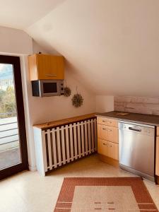a kitchen with a sink and a microwave and a dishwasher at Ferienwohnung Hermannsblick in Detmold