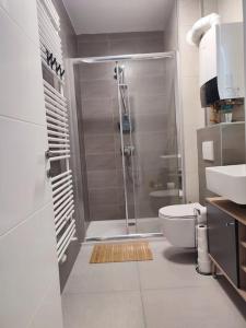 a bathroom with a shower and a toilet at Apartment DIVA, private parking in Osijek