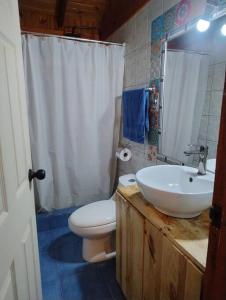 a bathroom with a white toilet and a sink at Acogedora Casa en Frutillar in Frutillar