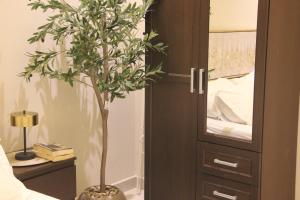 リヤドにあるرايا 03 raya القماريのキャビネットと鉢植えの木のある寝室 +2枚の写真