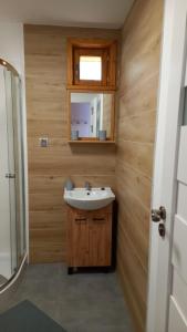 a bathroom with a sink and a mirror at Villa Stare Osieczno in Stare Osieczno +79 photos