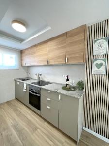 a kitchen with wooden cabinets and a counter top at Apartamentos Quesada in Dehesa de Campoamor