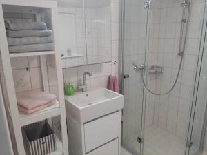 a white bathroom with a shower and a sink at Altes Backhaus in Risum-Lindholm