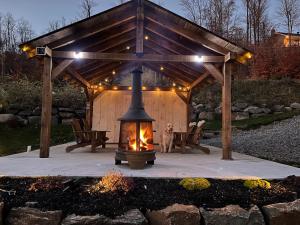 a dog sitting under a gazebo with a fireplace at Chalet spa rivière saint Maurice in Grandes-Piles