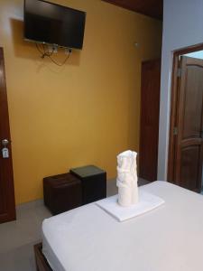 a hotel room with a bed with a television on the wall at Hotel Confort Amazónico in Iquitos