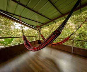 a hammock hanging in a room in a forest at Ecoterra Inka Lodge Shared Rooms in Quillabamba