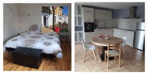 a kitchen and a bedroom with a bed and a table at La Vieille Fermette in Obersaasheim