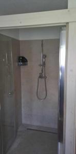 une salle de bain avec une douche avec pommeau de douche dans l'établissement Sidka & Adam, à Liptovský Ján