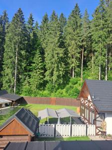 an aerial view of a house with a fence and trees at Sidka & Adam in Liptovský Ján