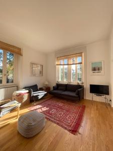 a living room with a couch and a television at Casa Tranquilla in Cannobio