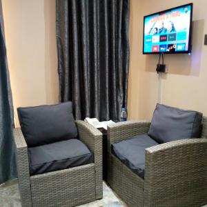 two wicker chairs and a television in a room at HOTEL ZEPTAN in Jinja +30 photos