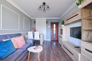 カトヴィツェにあるComfyApartment/L9Aの青いソファとテレビのあるリビングルーム
