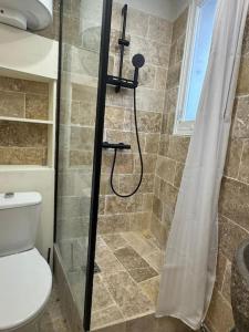 a bathroom with a shower with a toilet and a shower curtain at Studio - Chambre Avignon centre in Avignon