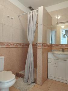 ein Badezimmer mit Dusche, Toilette und Waschbecken in der Unterkunft Casa Padrón! Paraíso junto al MAR in Puerto de Santiago