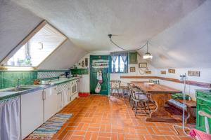 a kitchen with green cabinets and a wooden table at Vineyard Cottage Verček - Happy Rentals in Novo Mesto