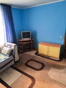 a blue room with a couch and a tv on a table at 3-х комнатная квартира in Okhtyrka