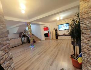 a living room with a christmas tree in the middle at Cazare Haiducita Bran in Zărneşti