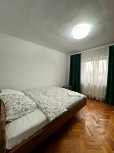Ocna MureşにあるB7 Apartamentのベッドルーム1室(ベッド1台付)、窓(緑のカーテン付)