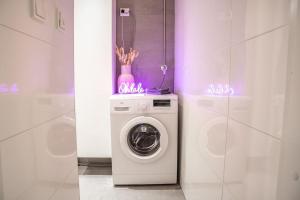 baño con lavadora y pared púrpura en Polar Night Shelter, en Rovaniemi