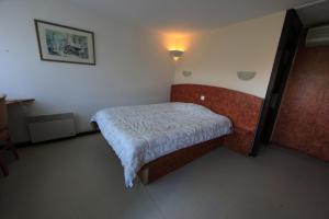 een slaapkamer met een bed en een lampje aan de muur bij Hotel Restaurant des Lacs in Contrexéville
