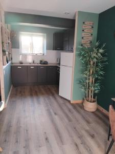 an empty kitchen with a plant in a room at La grange aux animaux in Tollevast