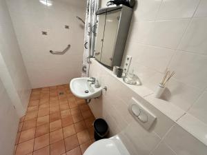 a bathroom with a toilet and a sink at Ferienwohnungen Hopfenhaus in Spalt