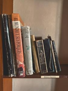 a group of books sitting on a shelf at Huaco Casa de Campo in Belén