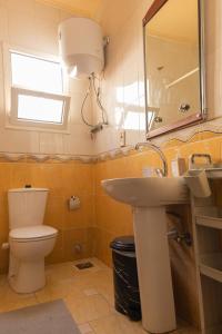 a bathroom with a toilet and a sink and a mirror at 2 Bedroom Terrace apartment with High speed internet in Sheikh Zayed